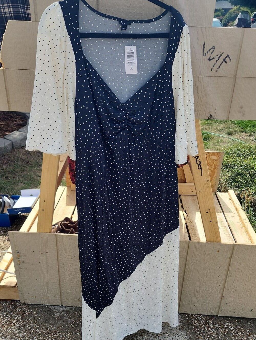 torrid Navy and Cream Asymmetrical Polka Dot Midi Dress